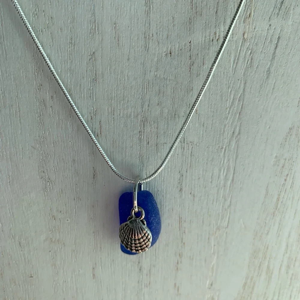 Real sea glass pendant, rare blue piece with sea shell charm